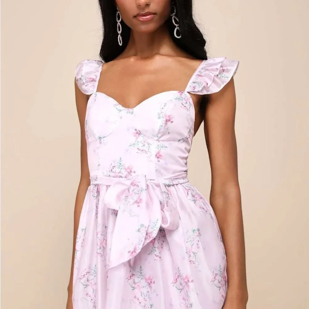 NWT-Lulus- Sweetest Emotion Lilac Floral Ruffled Tiered Bustier Midi Dress-small - Picture 4 of 16